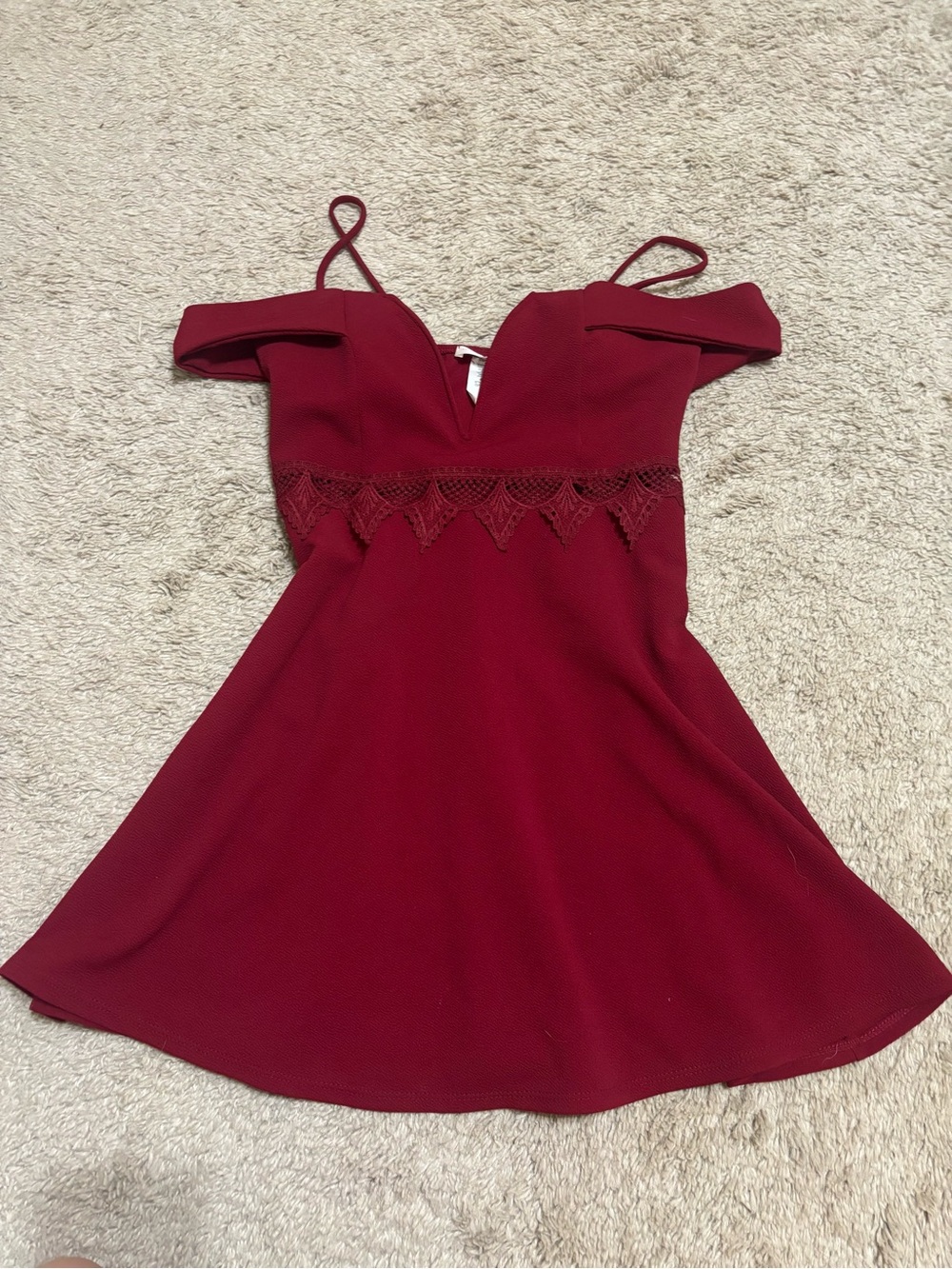 Burgundy Off-the-Shoulder Mini Dress with Lace Detail